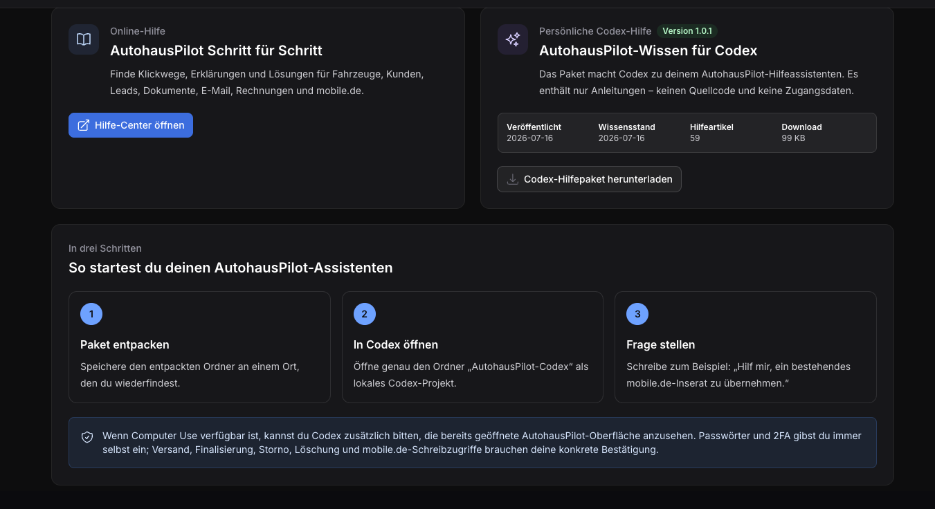 Bereich Hilfe und Support in AutohausPilot mit Online-Hilfe, Codex-Hilfepaket und Anleitung in drei Schritten