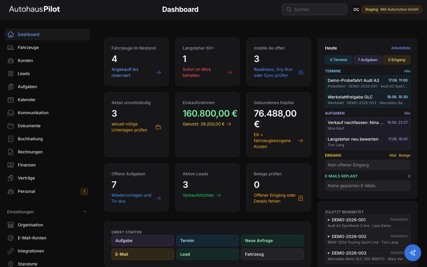Dashboard der bereinigten AutohausPilot Staging-Demo nach einer erfolgreichen Anmeldung.