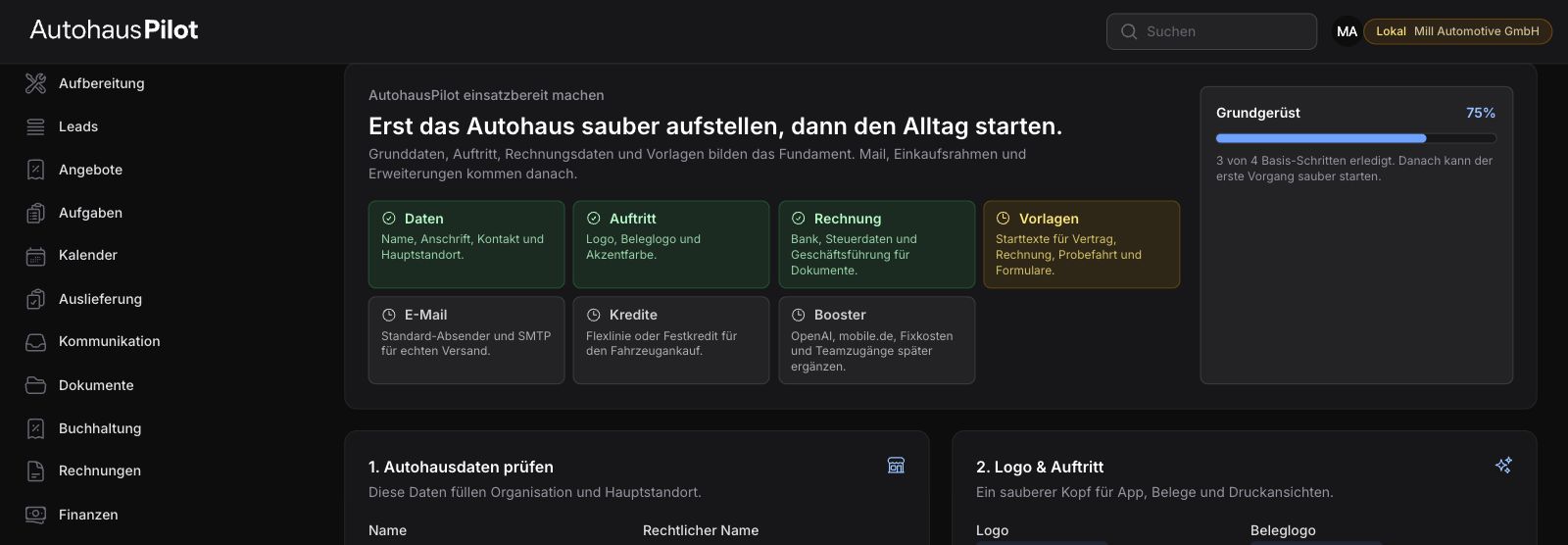 Einrichtungsübersicht in AutohausPilot mit den Bereichen Daten, Auftritt, Rechnung und Vorlagen.